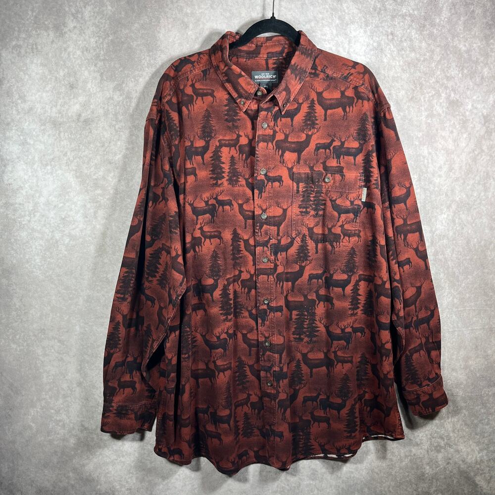Woolrich Shirt Mens 2XLT Brown Deer Print Button Up Long Sleeves Casual Outdoors